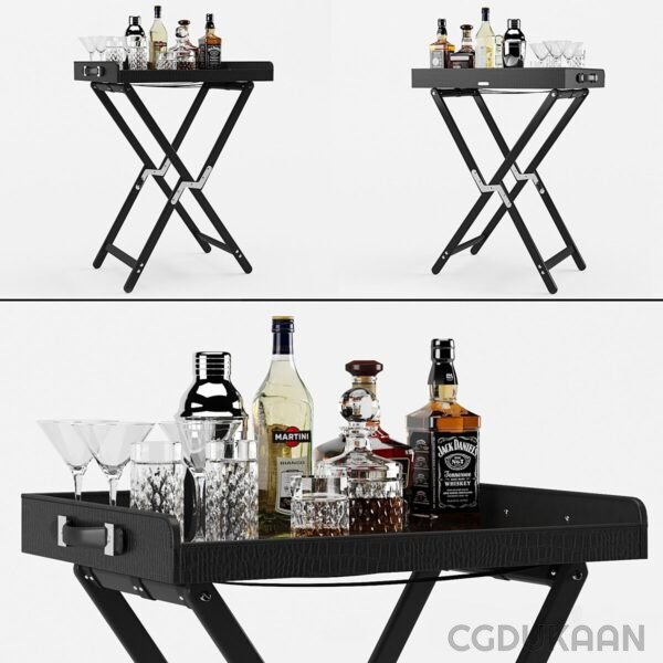 A black tray holding liquor bottles and glasses.