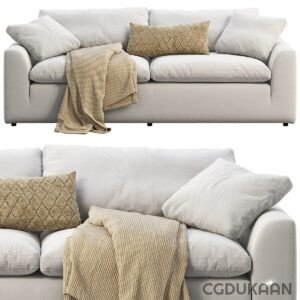 Light grey two-seater sofa with white and beige cushions and a beige throw blanket.