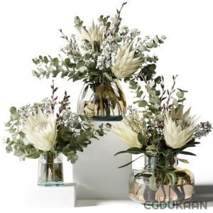 Three glass vases of varying sizes filled with white and green dried flowers and foliage on a white background.