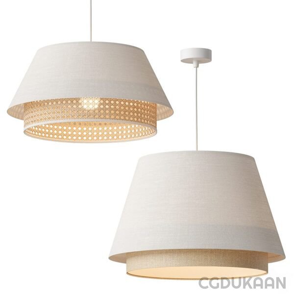 Two modern pendant lights with fabric shades, one with a metallic gold interior and geometric cut-out design, the other with a simple white interior. Both are suspended from a white ceiling fixture.