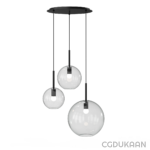 Three spherical glass pendant lights of varying sizes suspended from a black circular ceiling mount with black cords.