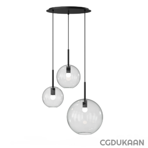 Three spherical glass pendant lights of varying sizes suspended from a black circular ceiling mount with black cords.