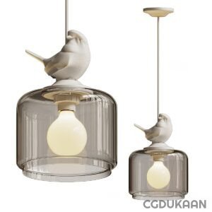 Two pendant light fixtures featuring clear glass shades with a white bird perched on top and an illuminated yellow light bulb inside.