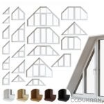 Various types of window designs with different shapes and sizes, including five materials sample finishes and a partial view of an actual window.