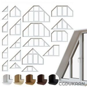 Various types of window designs with different shapes and sizes, including five materials sample finishes and a partial view of an actual window.