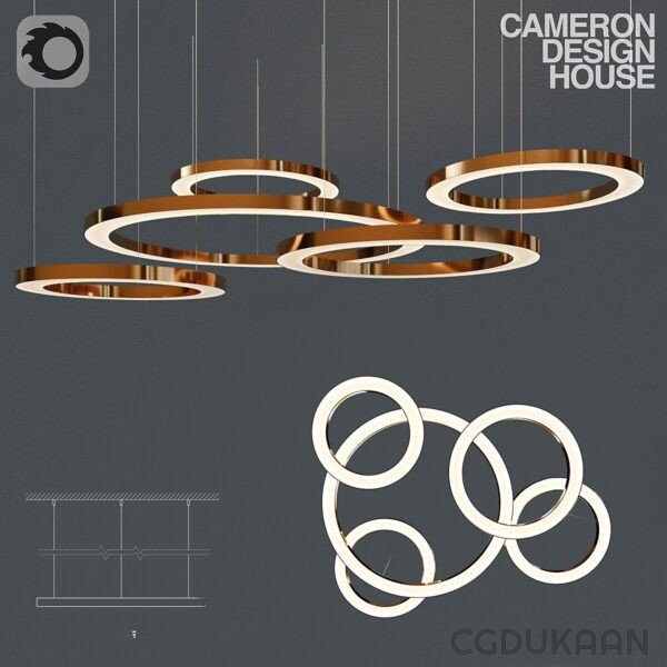 Modern chandelier design with five interlocking circular rings, suspended from the ceiling, emitting a warm golden light.