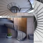 A modern architectural design featuring a spiral staircase with white metal railings, wooden steps and a curved wooden wall in the background with potted plants beside the stairs.