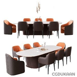 Dining table with orange chairs and white table in modern setting.