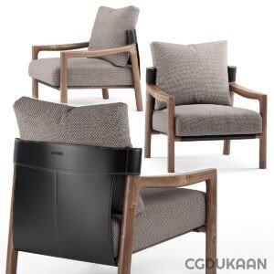 Three modern armchairs with wooden frames, grey patterned cushions, and black leather backrests with Porada logo.