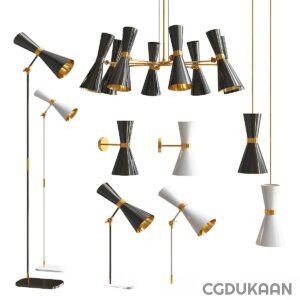 A collection of modern floor lamps, wall lamps, and hanging ceiling lights with black cone-shaped shades and gold accents on a white background.