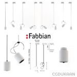 A collection of modern pendant lights in different styles and positions, with the Fabbian logo and measurements displayed.