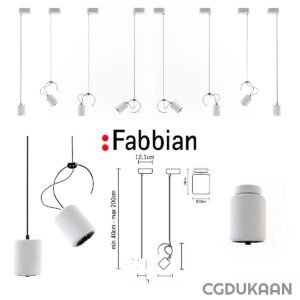 A collection of modern pendant lights in different styles and positions, with the Fabbian logo and measurements displayed.