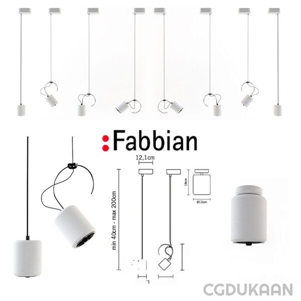 A collection of modern pendant lights in different styles and positions, with the Fabbian logo and measurements displayed.