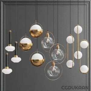 A modern chandelier with gold, white and clear glass orbs suspended on thin rods against a dark gray wall.