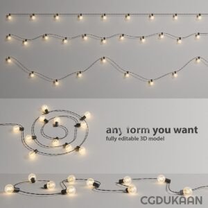 Three different configurations of string lights arranged on a gray background, showcasing their flexibility and ability to take on any form. The bottom right corner has text that states "any form you want, fully editable 3D model."