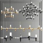 Four modern chandeliers with geometric designs in gold and black finishes with white rectangular light bulbs