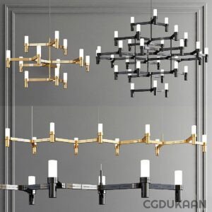 Four modern chandeliers with geometric designs in gold and black finishes with white rectangular light bulbs