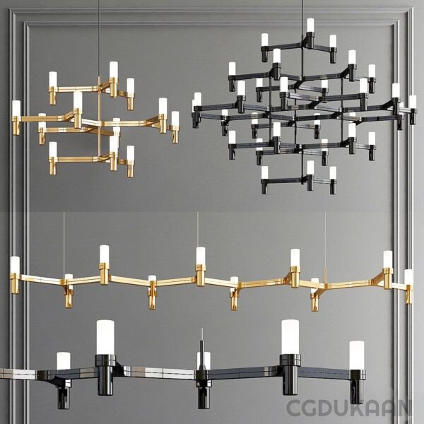 Four modern chandeliers with geometric designs in gold and black finishes with white rectangular light bulbs