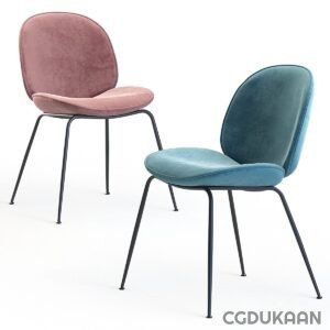 Two modern chairs with a curved backrest and seat cushion, one in pinkish-purple and the other in dark teal, both with black metal legs.