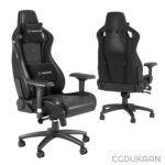 Black ergonomic gaming chair with adjustable armrests, lumbar support pillow, and embroidered noblechairs logo, shown from front and back angles.