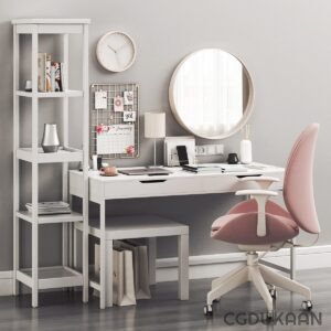 A modern home office setup with a white desk, pink ergonomic chair, white shelving unit with books and lamp, and a round mirror on the wall.