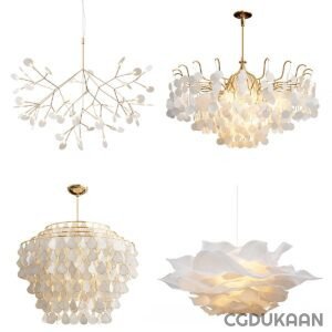 Collection of four different modern chandeliers with unique designs and gold accents, displayed on a white background.