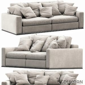 Three images of a modern grey fabric sofa with multiple pillows, shown from different angles.