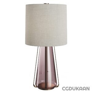 A modern table lamp with a beige lampshade and transparent pink glass base.