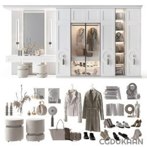 A white wardrobe closet with a variety of clothing, shoes, and accessories displayed in front and around it, including coats, bags, and a mirror.