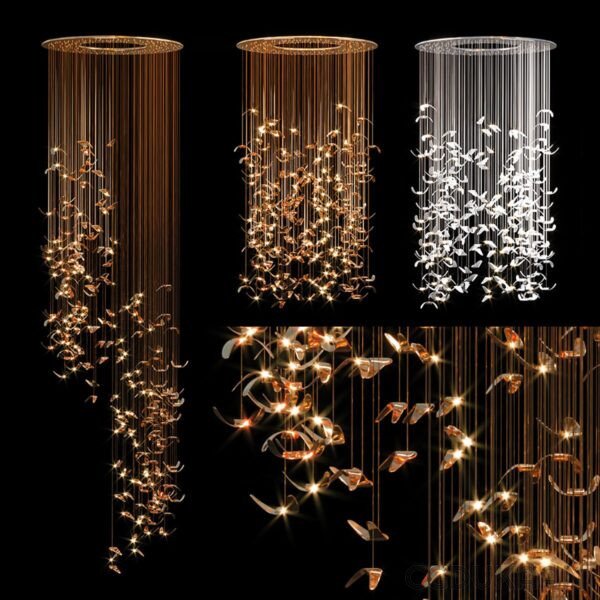 Six different styles of modern pendant lighting fixtures with cascading designs and illuminated by small lights, displayed against a black background.