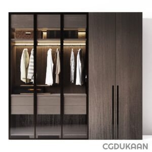 A modern wooden wardrobe with glass doors partially open, revealing neatly organized clothes on hangers and drawers.