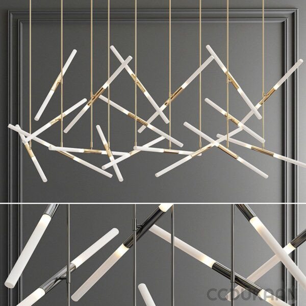 A modern chandelier with white linear lights and gold accents hanging from a dark gray ceiling with a reflection on the polished surface below