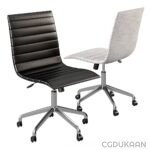 Two modern office chairs, one with black leather upholstery and the other with grey fabric, both with a chrome five-star base and caster wheels.