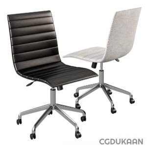 Two modern office chairs, one with black leather upholstery and the other with grey fabric, both with a chrome five-star base and caster wheels.