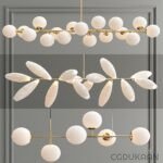 A modern chandelier with white spherical bulbs and gold accents in a branching, organic design.