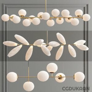 A modern chandelier with white spherical bulbs and gold accents in a branching, organic design.