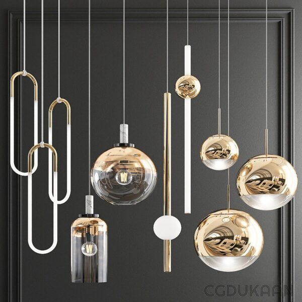 Modern chandelier with suspended gold and glass pendants of various shapes against a dark background.