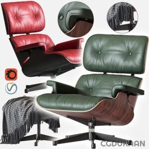 A red and green leather upholstered chair and ottoman.