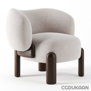 A modern beige upholstered armchair with a curved backrest and dark wooden legs isolated on a white background.