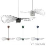 Modern wireframe-style pendant lights with a unique design resembling elongated leaves or insect wings, available in various colors.