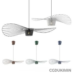 Modern wireframe-style pendant lights with a unique design resembling elongated leaves or insect wings, available in various colors.