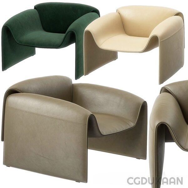 Four armchairs in different shades of green and beige, with a modern, curved design.