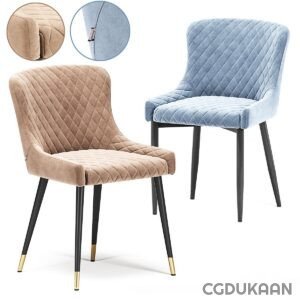 Two chairs, one blue and one beige, with upholstered seats and backs.