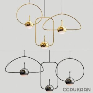 Two modern pendant light fixtures with round shapes and thin metal frames, one in gold and the other in black, hanging from the ceiling.