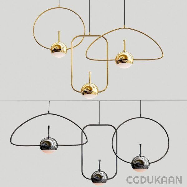 Two modern pendant light fixtures with round shapes and thin metal frames, one in gold and the other in black, hanging from the ceiling.