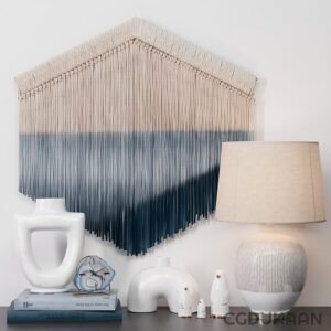 A decorative wall hanging adorned with blue and white beads, adding a touch of elegance to any space.