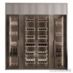 A modern, dark wood wine cellar cabinet with glass doors, displaying rows of wine bottles and glasses.