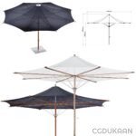 Four images of a patio umbrella in different angles and a diagram with measurements.