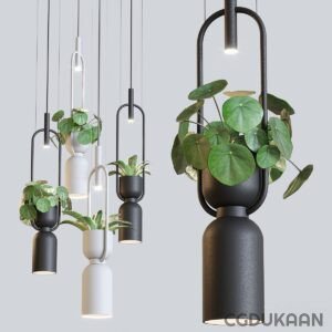 Modern pendant light fixtures with small potted plants hanging from them against a gray background.