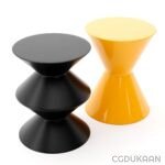 Two modern, hourglass-shaped stools, one black and one yellow, against a white background.